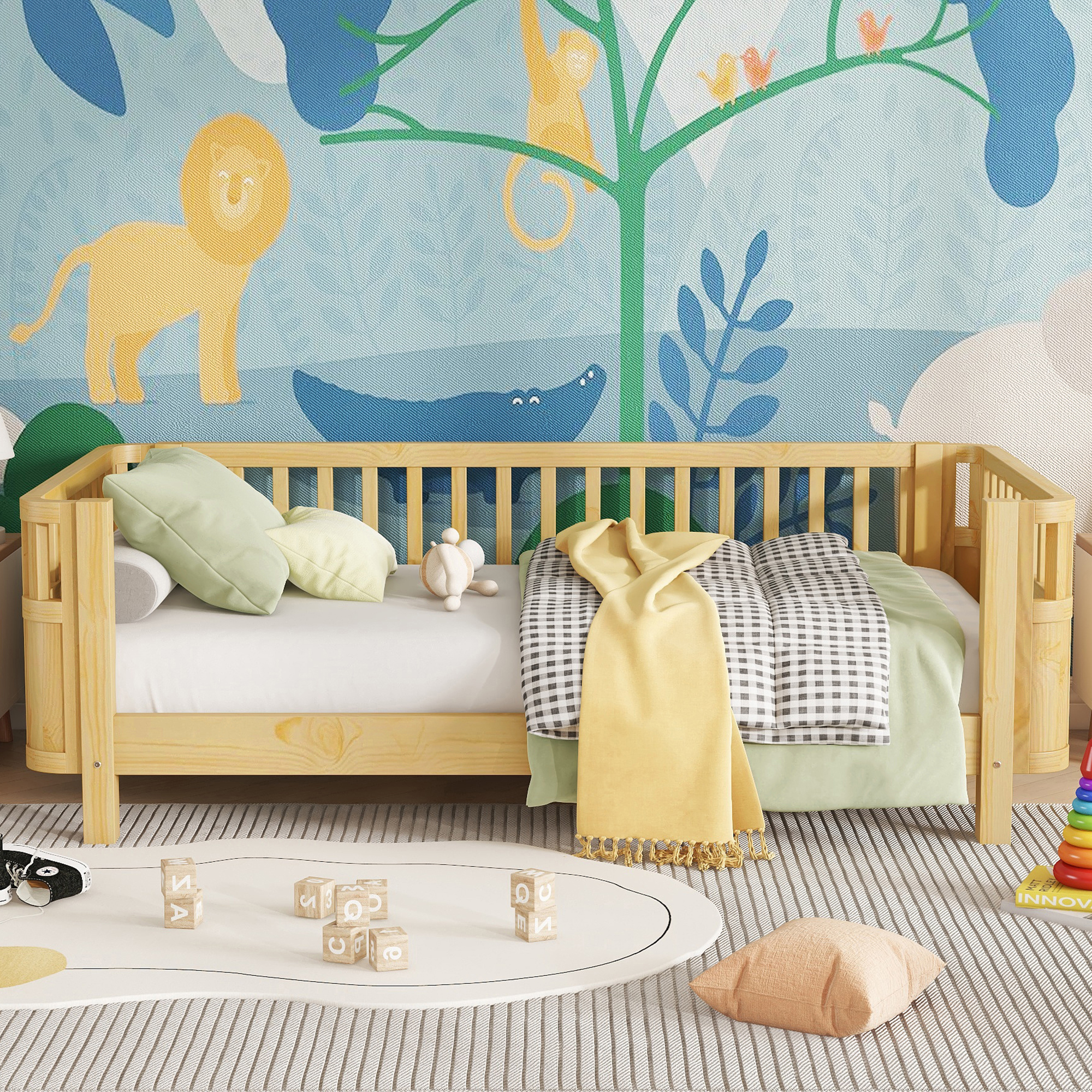 Twin Size Wood Low Profile Full Bed With Rails