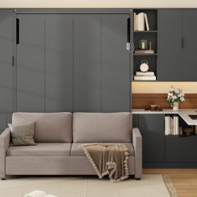 Queen Wall Murphy Bed with Hydraulic Storage, Sofa, Shelves & Drawers, LED/USB Lighting