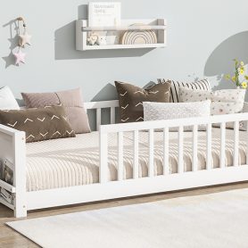 Twin Size Floor Platform Bed with Built-in Book Rack