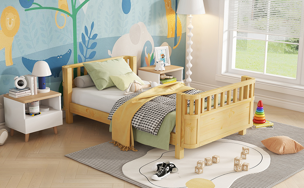 Twin Size Wood Low Profile Full Bed With Rails
