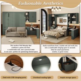 Queen Wall Murphy Bed with Hydraulic Storage, Sofa, Shelves & Drawers, LED/USB Lighting