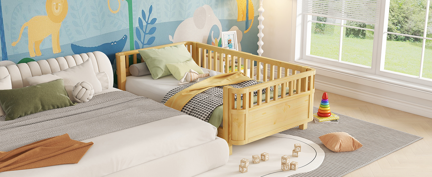 Twin Size Wood Low Profile Full Bed With Rails