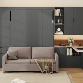 Queen Wall Murphy Bed with Hydraulic Storage, Sofa, Shelves & Drawers, LED/USB Lighting