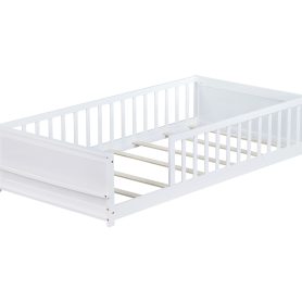 Twin Size Floor Platform Bed with Built-in Book Rack