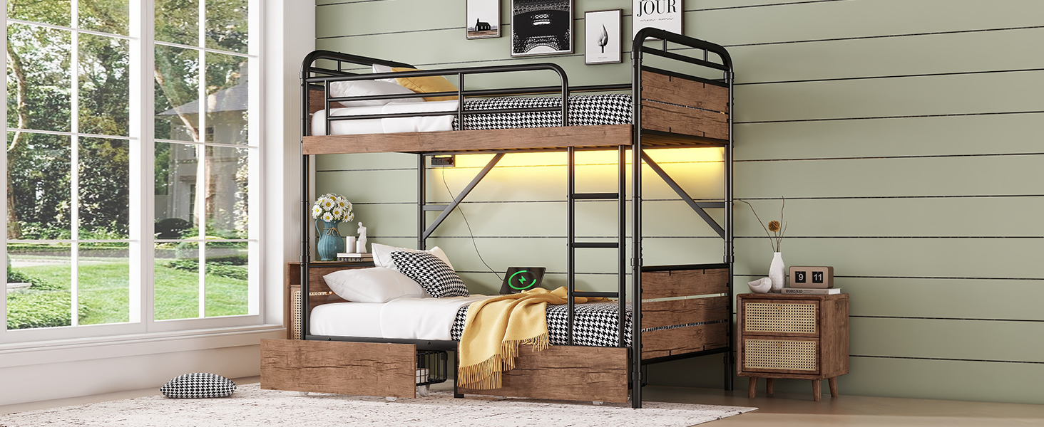Metal Twin XL over Twin XL Bunk Bed With LED Light And Charge Station 22 Metal Twin XL over Twin XL Bunk Bed With LED Light And Charge Station