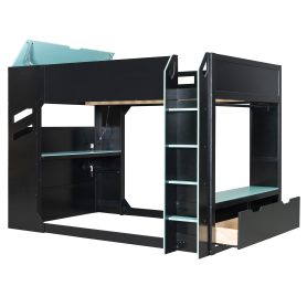 Full Size Wood Loft Bed With Height-adjustable Desk, Drawers, Storage Compartments, Hanging Rod And RGB Lights