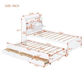 Twin Size Wooden LED Platform Bed with Trundle, Storage Headboard and Drawers