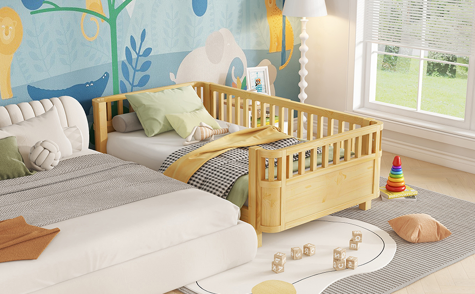 Twin Size Wood Low Profile Full Bed With Rails