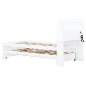 Twin Size Wooden LED Platform Bed with Trundle, Storage Headboard and Drawers