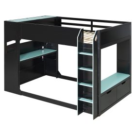 Full Size Wood Loft Bed With Height-adjustable Desk, Drawers, Storage Compartments, Hanging Rod And RGB Lights