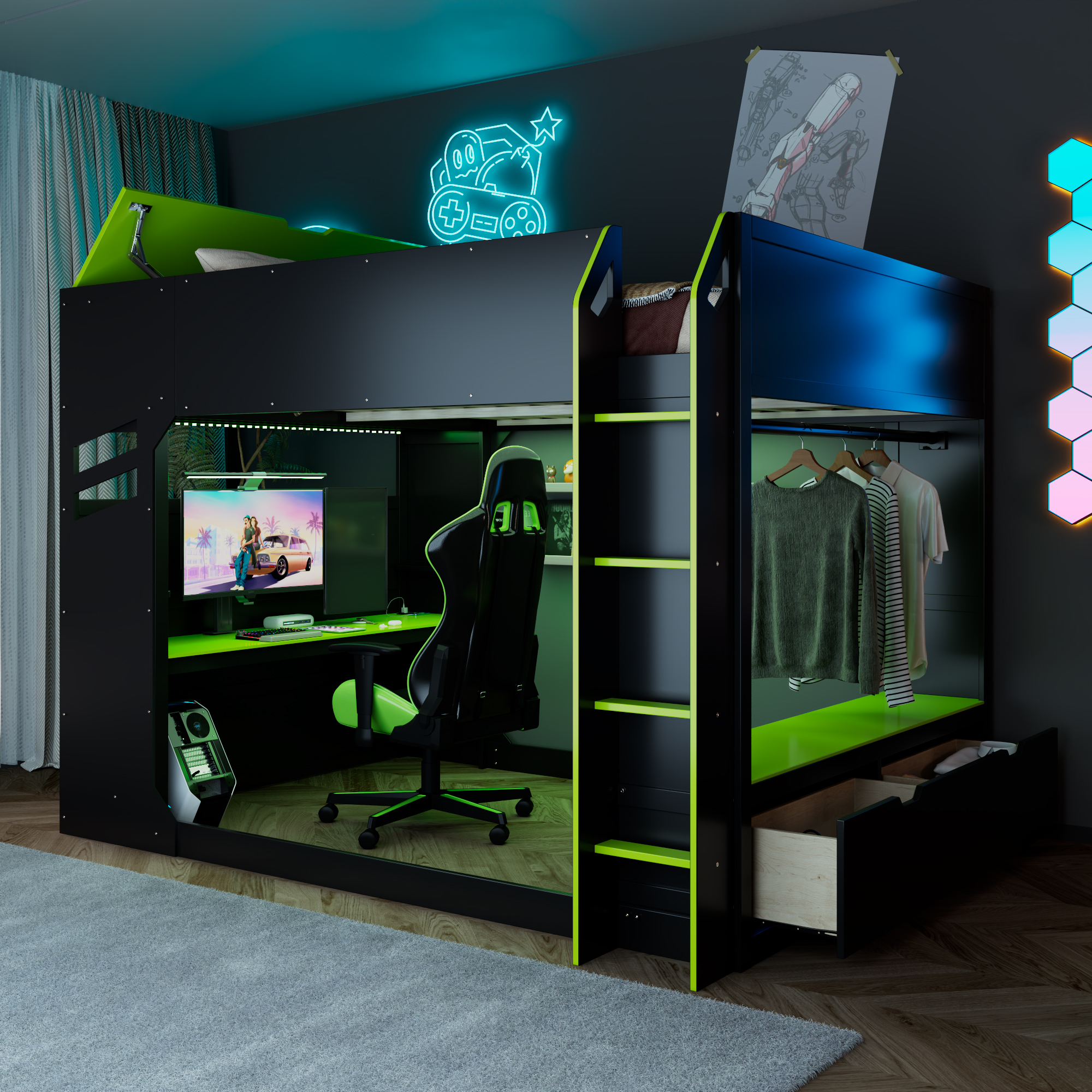 Assembly Instruction For LT000288AAG 10 Full Size Wood Loft Bed With Height-adjustable Desk, Drawers, Storage Compartments, Hanging Rod And RGB Lights