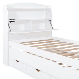 Twin Size Wooden LED Platform Bed with Trundle, Storage Headboard and Drawers