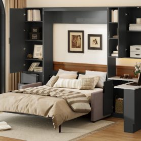 Queen Wall Murphy Bed with Hydraulic Storage, Sofa, Shelves & Drawers, LED/USB Lighting