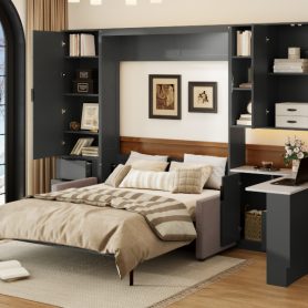 Queen Wall Murphy Bed with Hydraulic Storage, Sofa, Shelves & Drawers, LED/USB Lighting