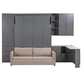 Queen Wall Murphy Bed with Hydraulic Storage, Sofa, Shelves & Drawers, LED/USB Lighting