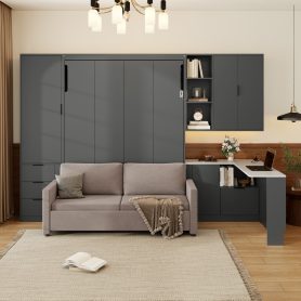 Queen Wall Murphy Bed with Hydraulic Storage, Sofa, Shelves & Drawers, LED/USB Lighting