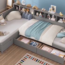 L- Shape Twin Size Bed Frame with Storage 3 Drawers