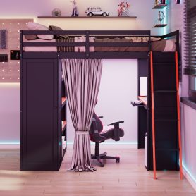 Full Size Wood Loft Bed with Wardrobe, Shelves, Blackout Curtains and RGB Lights