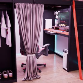 Full Size Wood Loft Bed with Wardrobe, Shelves, Blackout Curtains and RGB Lights