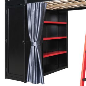 Full Size Wood Loft Bed with Wardrobe, Shelves, Blackout Curtains and RGB Lights
