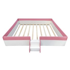 King Size Upholstered Daybed Frame with Fence and Stairs