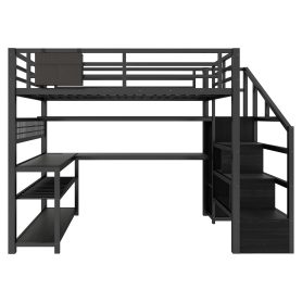 Metal Full Loft Bed With Staircase, Wardrobe, Desk, Storage Shelves, LED Lights and Charge Station
