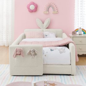 Twin Size Upholstered Platform Bed with Cute Rabbit Ear Shaped Headboard