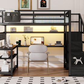 Metal Full Loft Bed With Staircase, Wardrobe, Desk, Storage Shelves, LED Lights and Charge Station