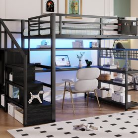 Metal Full Loft Bed With Staircase, Wardrobe, Desk, Storage Shelves, LED Lights and Charge Station