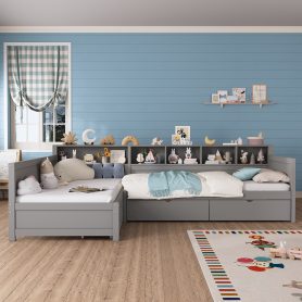L- Shape Twin Size Bed Frame with Storage 3 Drawers