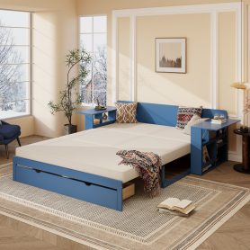 Queen Size Daybed with Removable Desk, Storage Drawers & Hydraulic Side Table