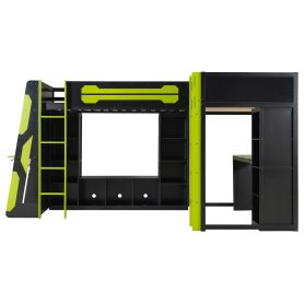 L-Shaped Wooden Twin Size Gaming Bed Frame with RGB LED Lights, Dual twin Beds, USB Ports, TV Stand & Storage Shelves