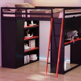Full Size Wood Loft Bed with Wardrobe, Shelves, Blackout Curtains and RGB Lights