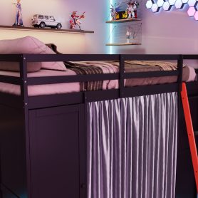 Full Size Wood Loft Bed with Wardrobe, Shelves, Blackout Curtains and RGB Lights