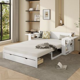 Full Size Daybed with Removable Desk, Storage Drawers & Hydraulic Side Table
