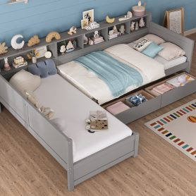 L- Shape Twin Size Bed Frame with Storage 3 Drawers