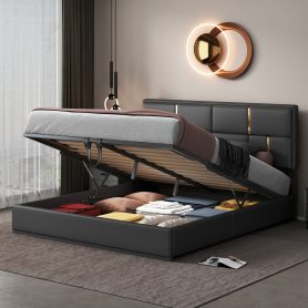 Upholstered Queen Size Platform Bed with Hydraulic Storage System