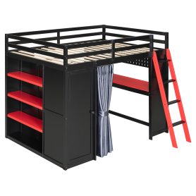 Full Size Wood Loft Bed with Wardrobe, Shelves, Blackout Curtains and RGB Lights