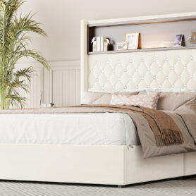 Full Size Velvet Tufted Soft Bed Frame with USB Port and Night Light