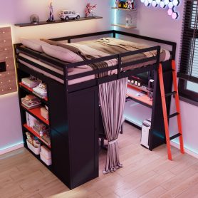 Full Size Wood Loft Bed with Wardrobe, Shelves, Blackout Curtains and RGB Lights