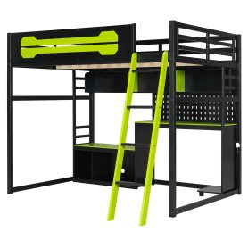 Full Size Wood Loft Bed with Desk, Shelves, LED Lights, USB Ports and Pegboard