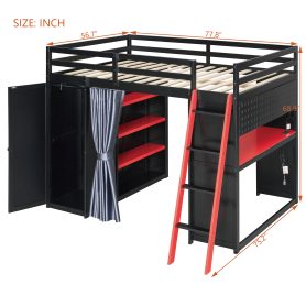 Full Size Wood Loft Bed with Wardrobe, Shelves, Blackout Curtains and RGB Lights