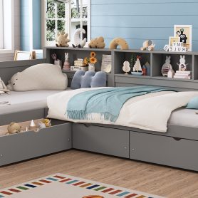 L- Shape Twin Size Bed Frame with Storage 3 Drawers