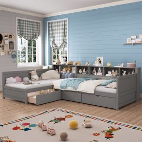L- Shape Twin Size Bed Frame with Storage 3 Drawers