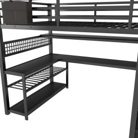 Metal Full Loft Bed With Staircase, Wardrobe, Desk, Storage Shelves, LED Lights and Charge Station