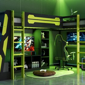 L-Shaped Wooden Twin Size Gaming Bed Frame with RGB LED Lights, Dual twin Beds, USB Ports, TV Stand & Storage Shelves