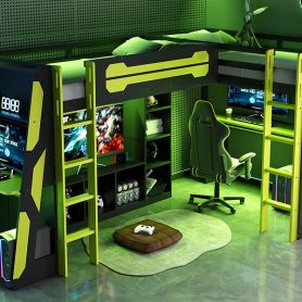 L-Shaped Wooden Twin Size Gaming Bed Frame with RGB LED Lights, Dual twin Beds, USB Ports, TV Stand & Storage Shelves