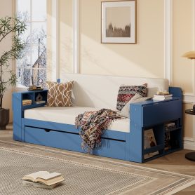 Queen Size Daybed with Removable Desk, Storage Drawers & Hydraulic Side Table