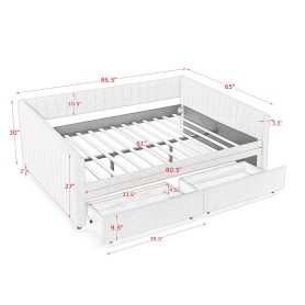 Linen Fabric Queen Size Daybed with Two Drawers