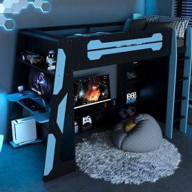 Twin Size Wood Loft Bed with Desk, Multi-storage Shelves and RGB Light